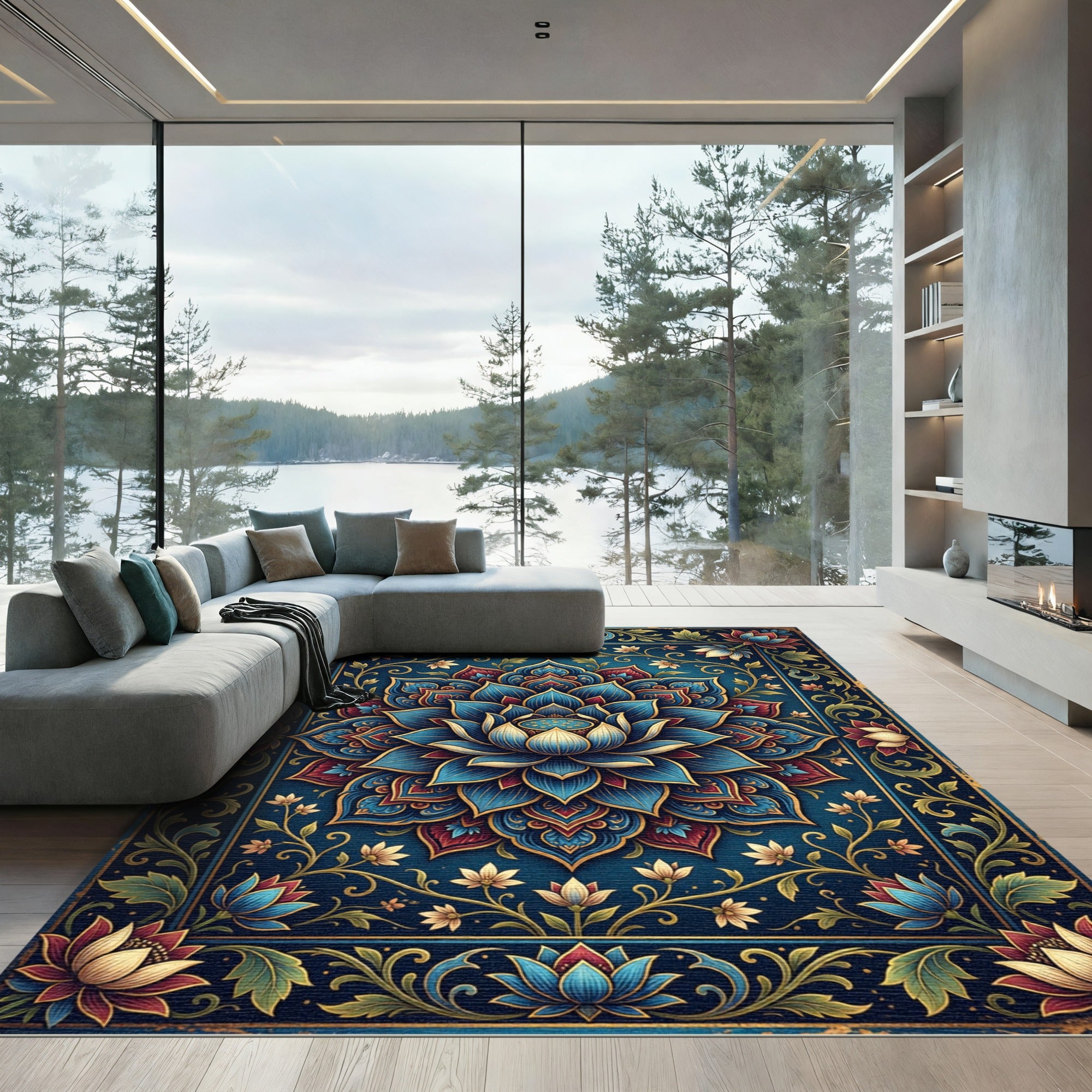 Intricate Indigo Lotus Floret Medallion Rug