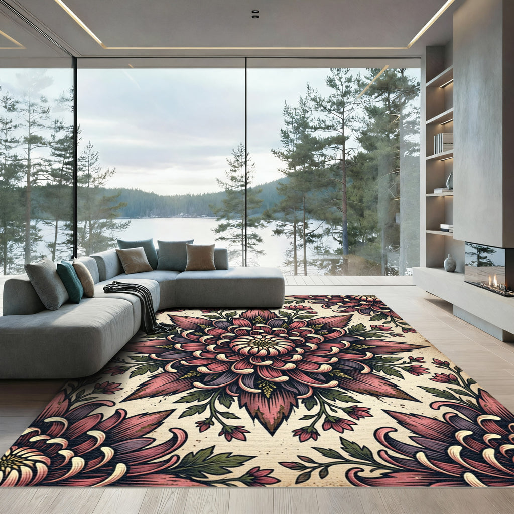 Vintage Mauve Chrysanthemum Floral Medallion Rug