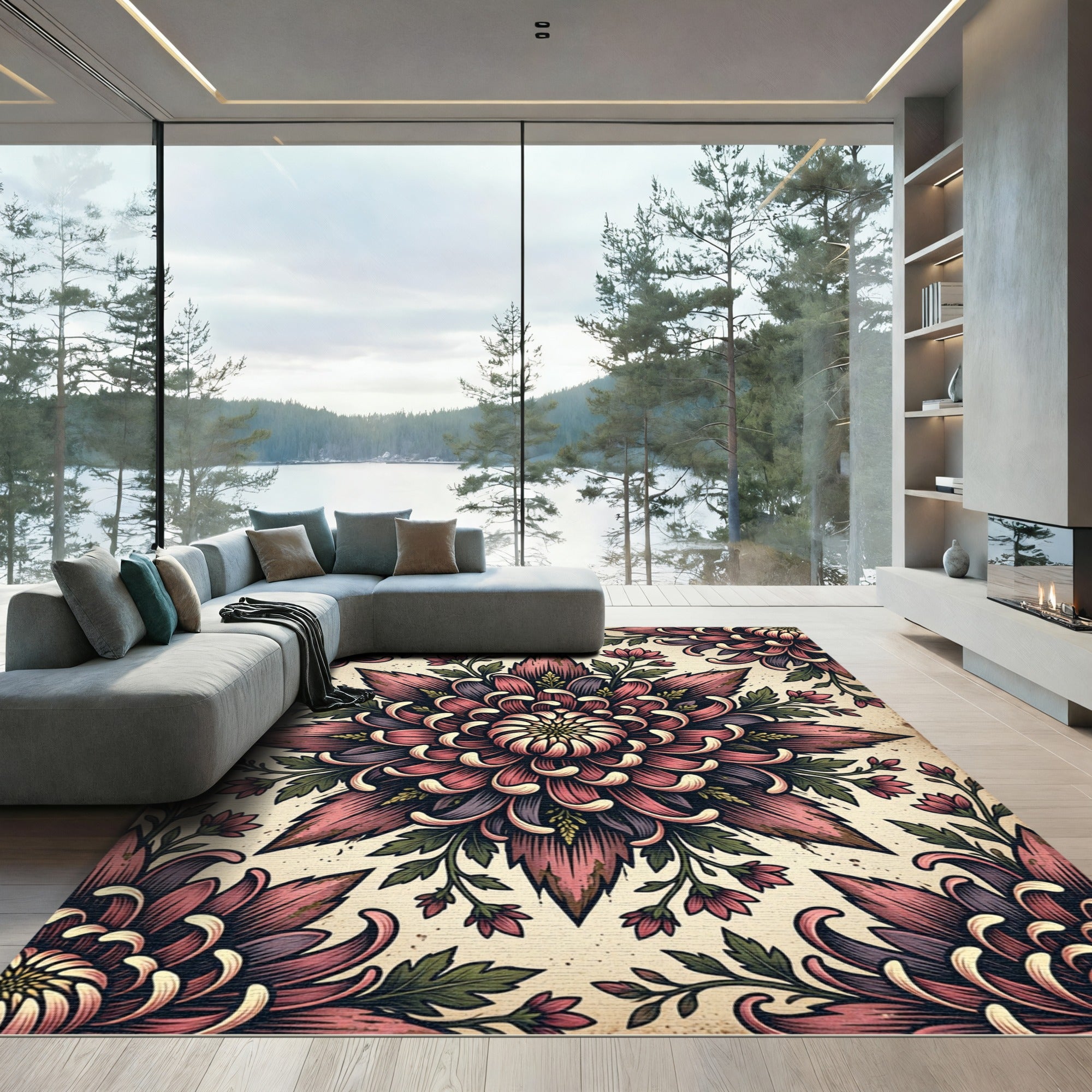 Vintage Mauve Chrysanthemum Floral Medallion Rug