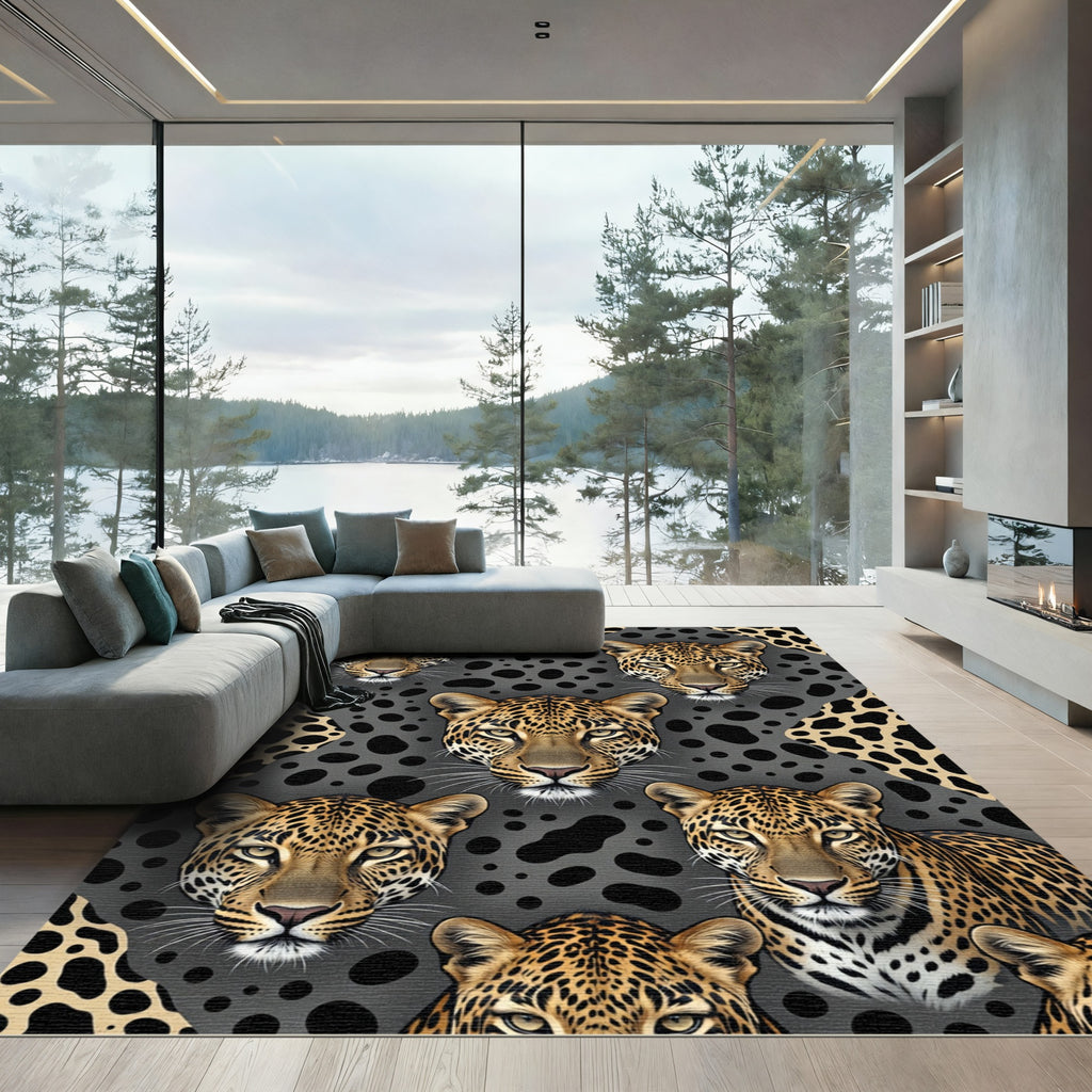 Fierce Leopard Faces Spotted Inlay Rug
