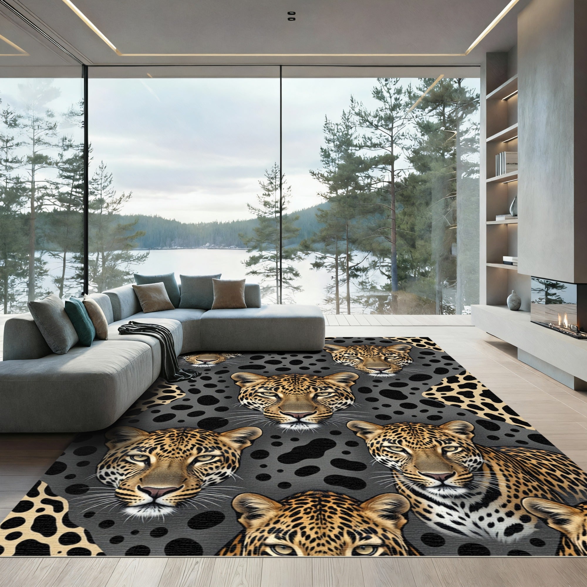 Fierce Leopard Faces Spotted Inlay Rug