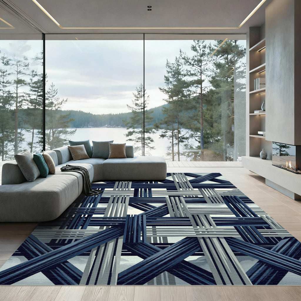 Midnight Indigo Interwoven Geometric Linear Rug