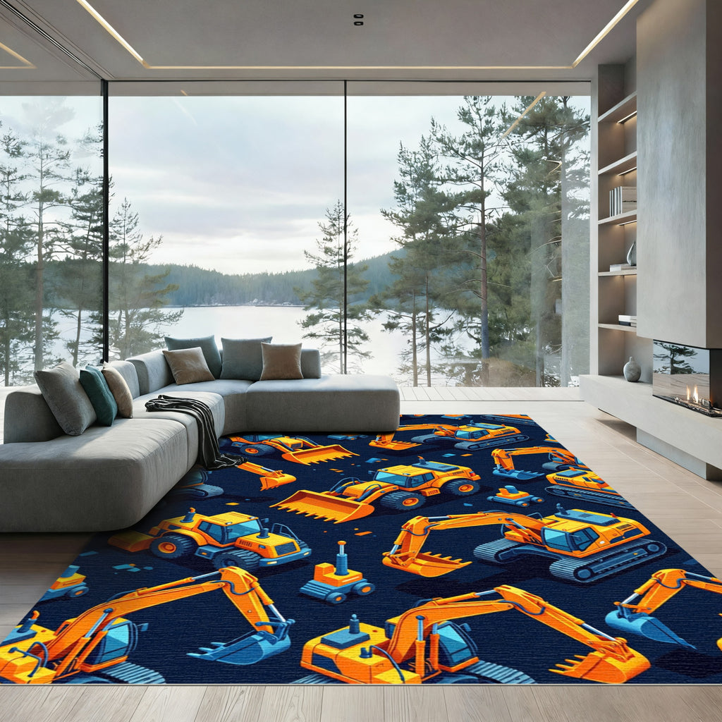 Yellow Construction Vehicle Isometric Graphic Rug