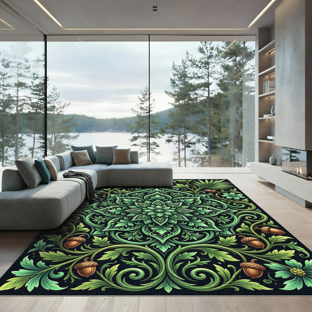 Elegant Green Verdant Acorn Medallion Rug