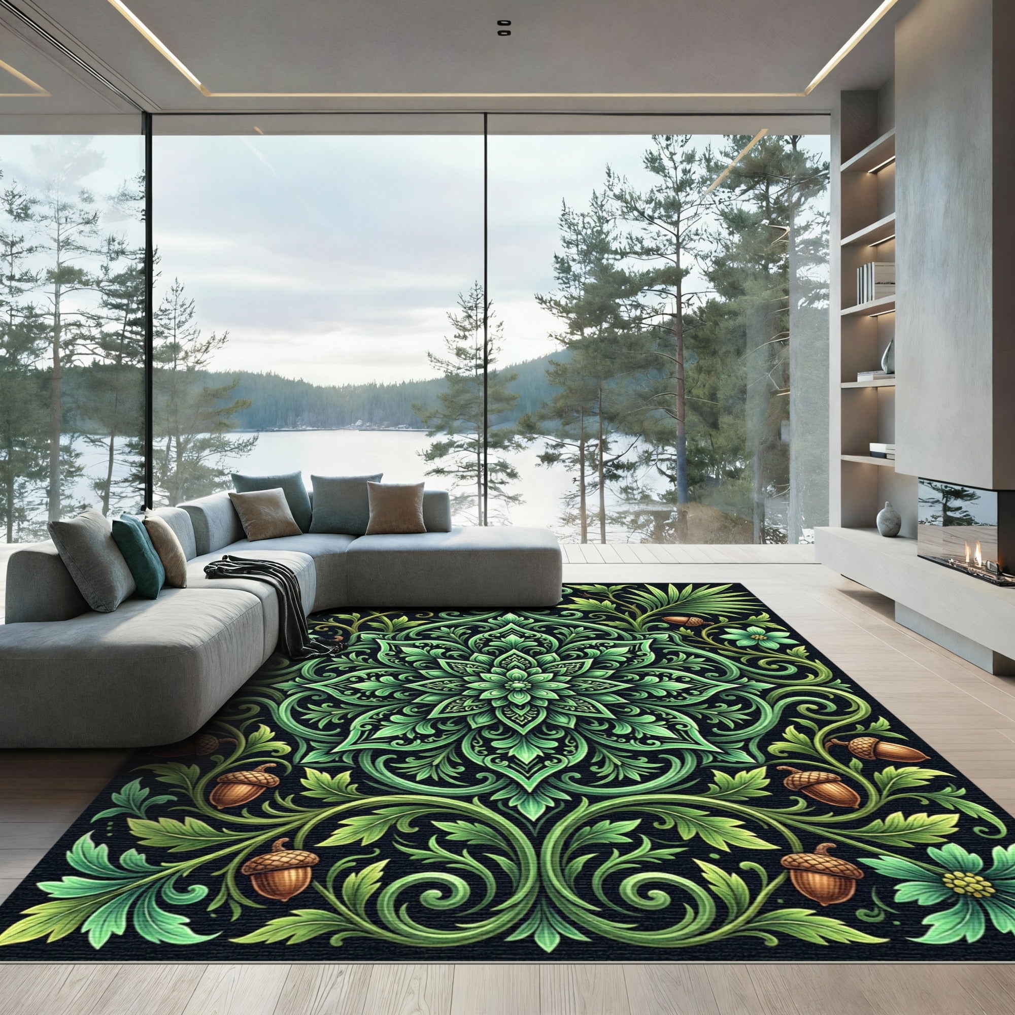 Elegant Green Verdant Acorn Medallion Rug