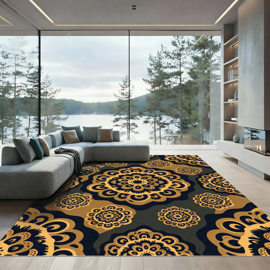 Ornate Golden Black Medallion Mandala Rug