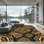 Ornate Golden Black Medallion Mandala Rug