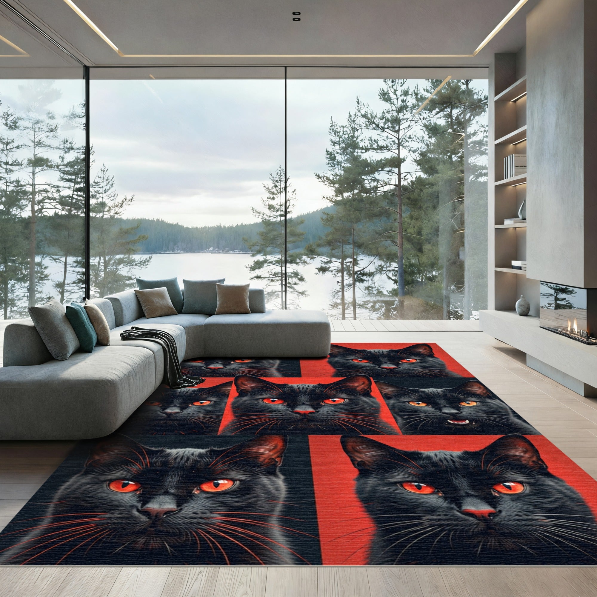 Fiery Red Eyes Black Cat Collage Rug