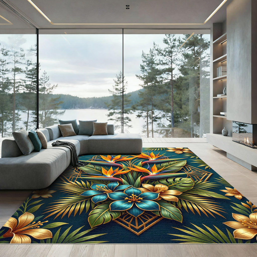 Golden Tropical Bird of Paradise Floral Rug