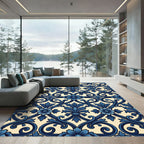 Deep Blue Floral Acanthus Scrollwork Rug
