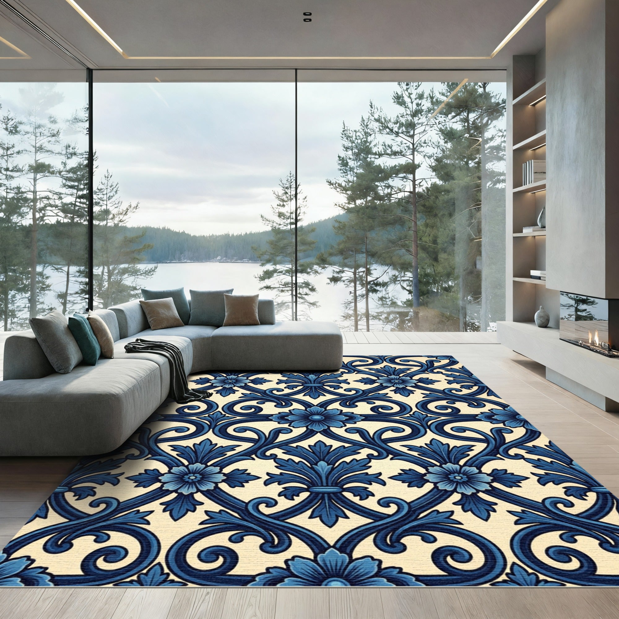 Deep Blue Floral Acanthus Scrollwork Rug