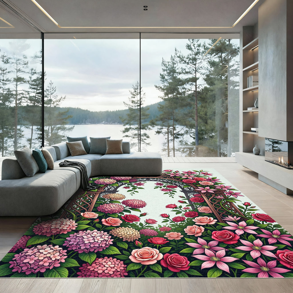 Romantic Pink Hydrangea Rose Garden Arch Rug
