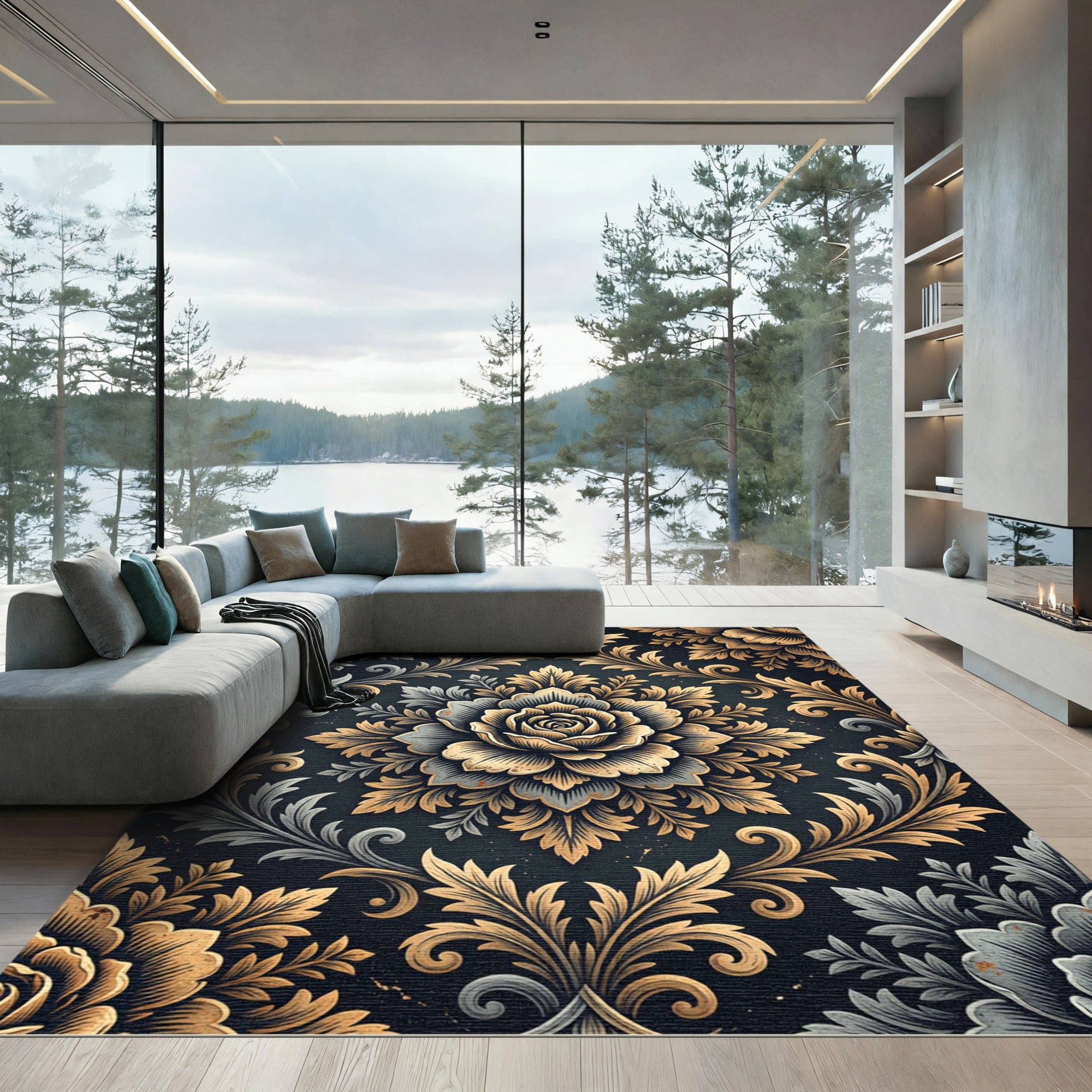 Elegant Gold and Silver Floral Medallion Rug