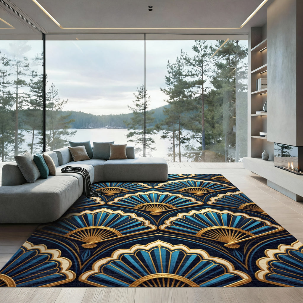 Art Deco Blue Gold Fan Medallion Rug
