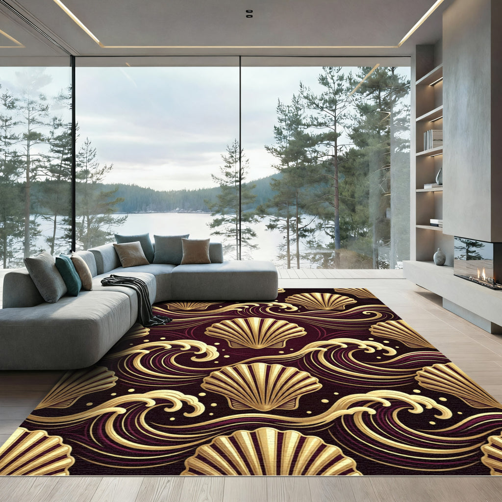 Art Deco Gold Shell and Wave Rug