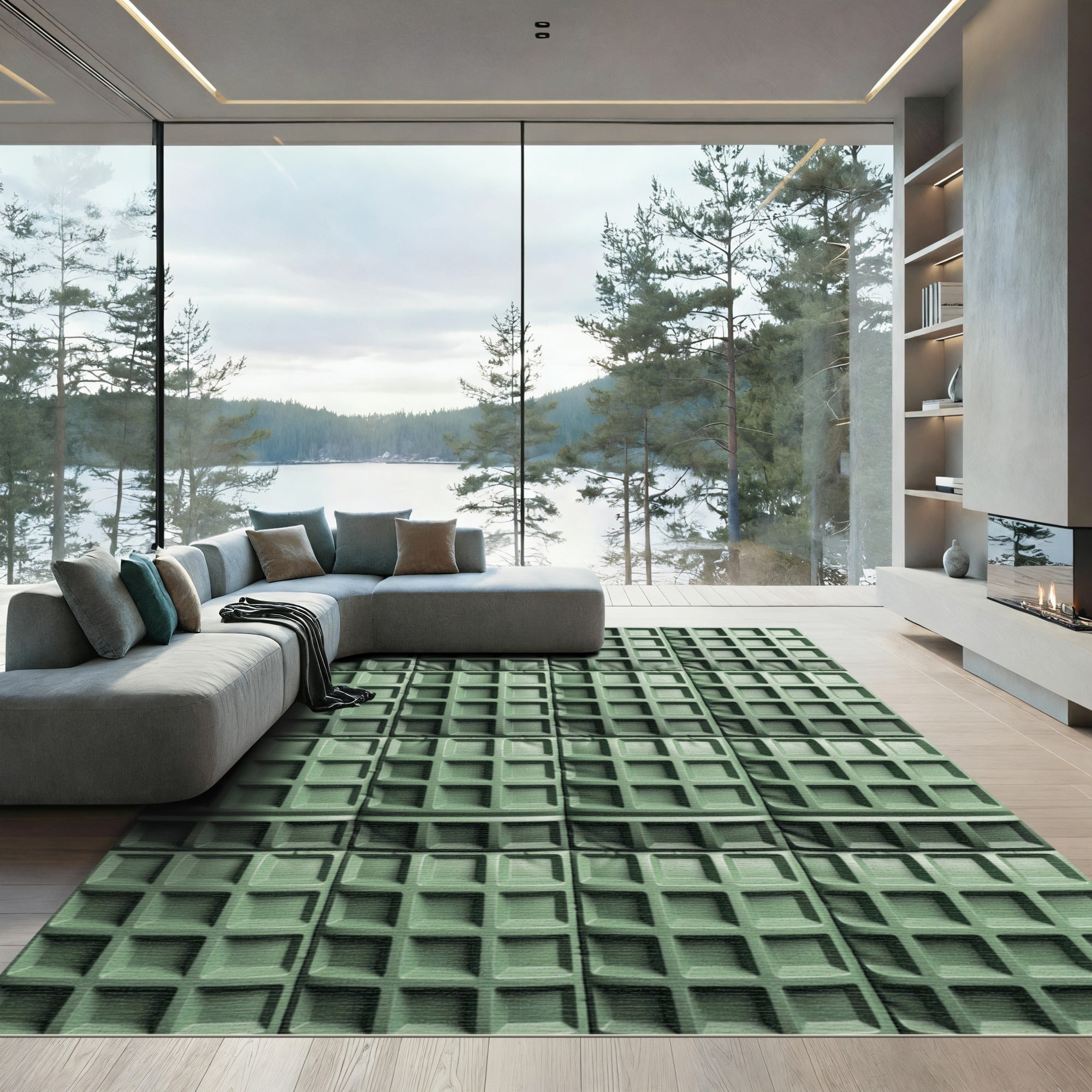 Modern Sage Green Waffle Grid Rug