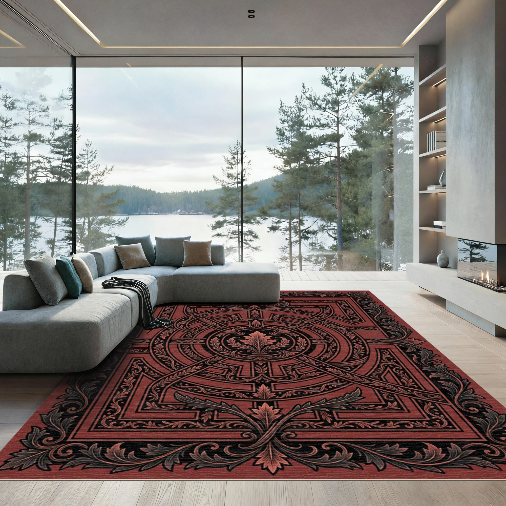 Ornate Crimson Baroque Circular Filigree Rug