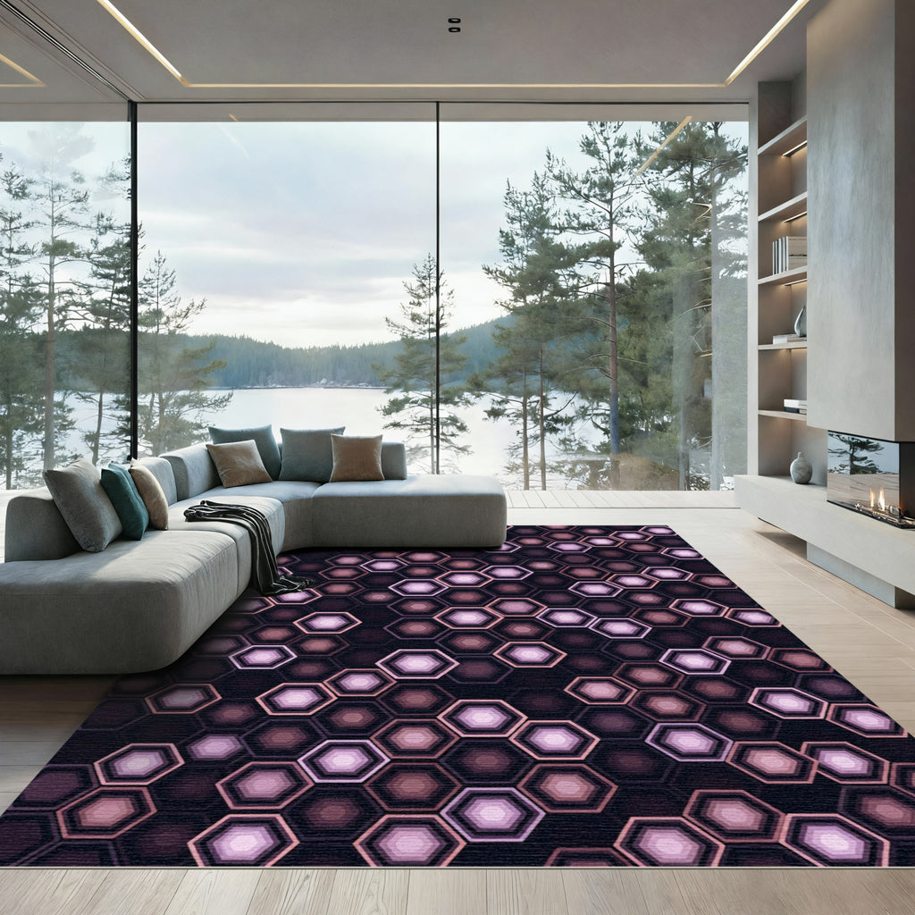 Modern Geometric Purple Hexagon Grid Rug
