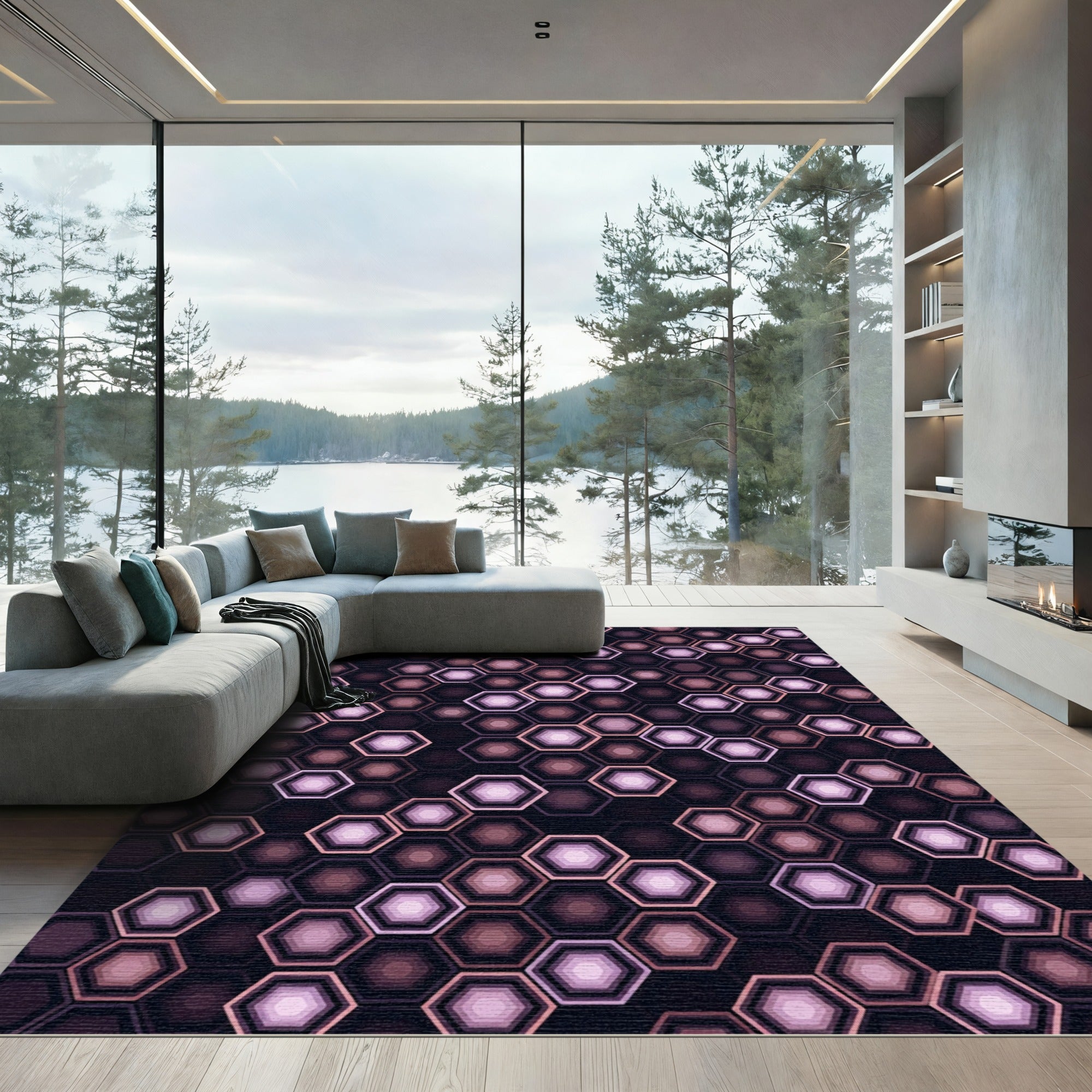 Modern Geometric Purple Hexagon Grid Rug