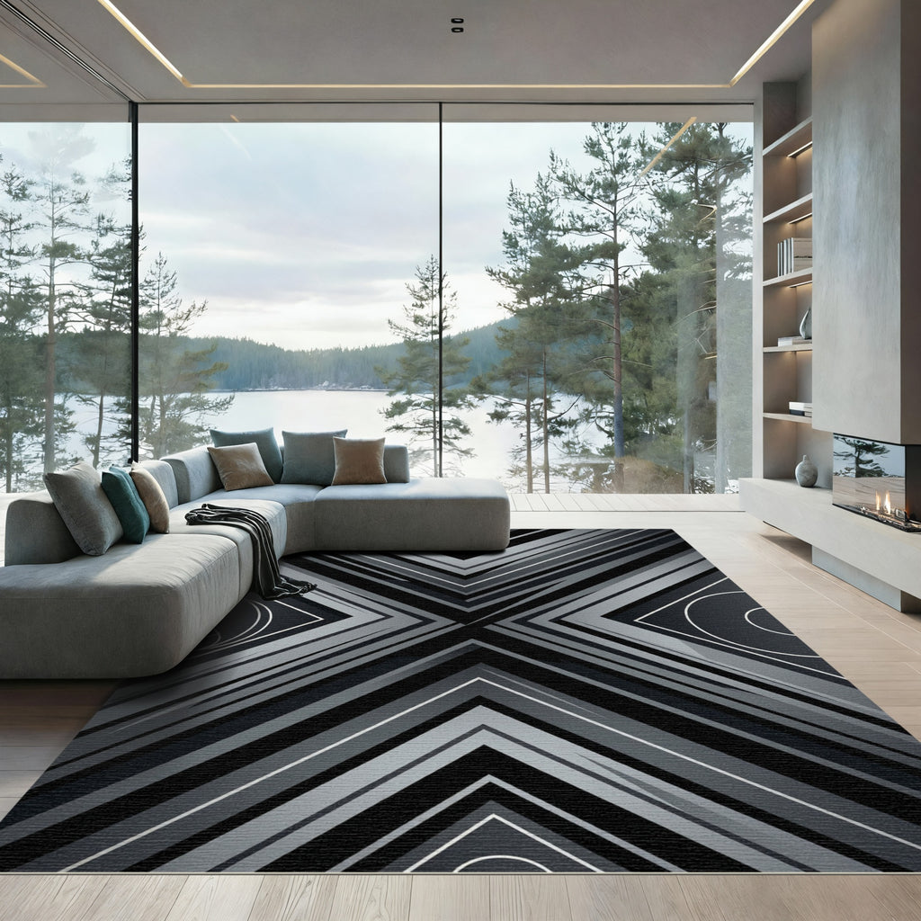 Monochromatic Geometric Abstract Angular Dark Artwork Rug