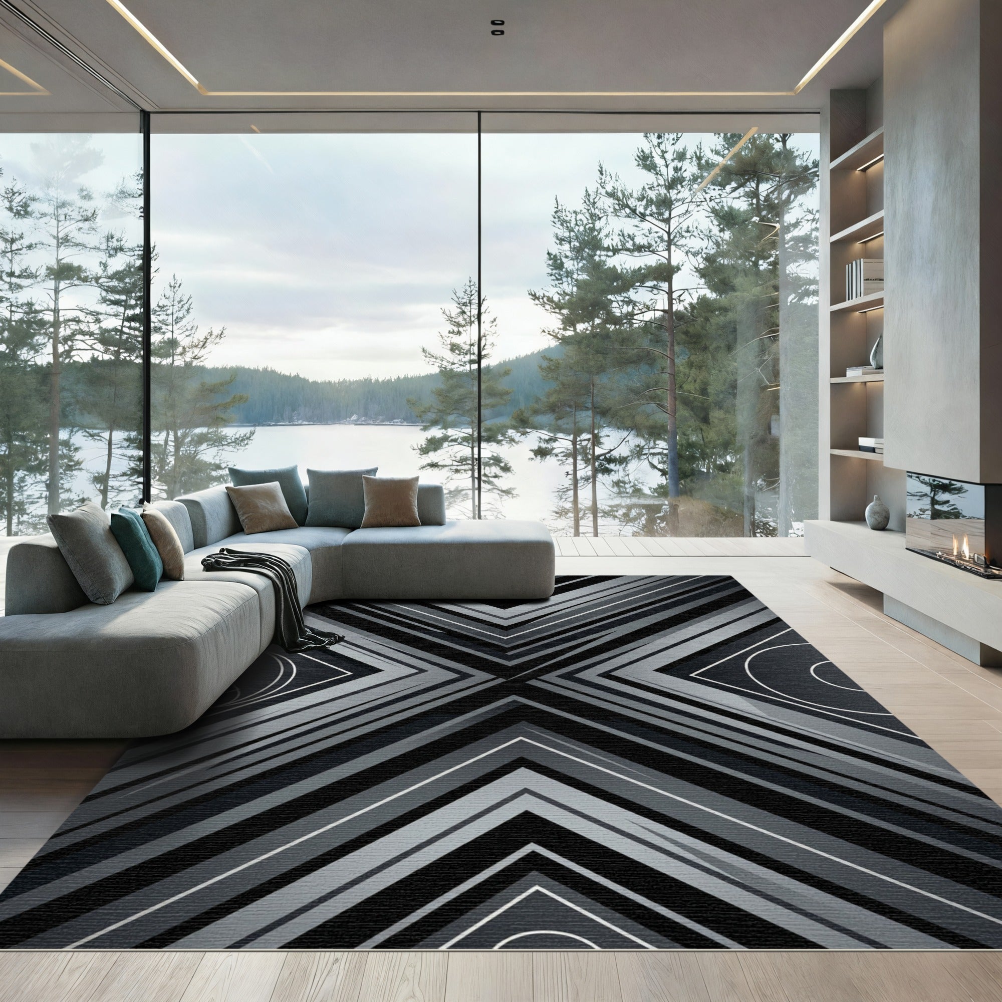 Monochromatic Geometric Abstract Angular Dark Artwork Rug