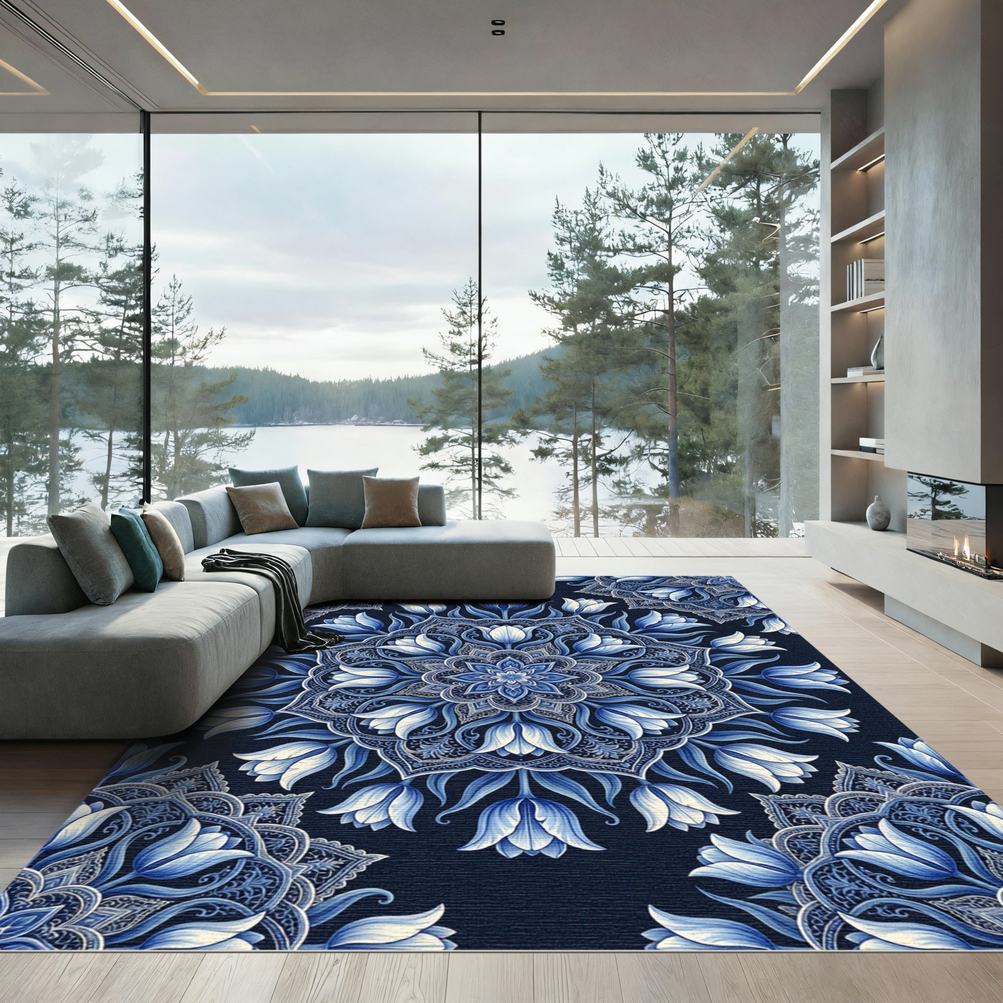 Cobalt Blue Tulips Mandala Circular Art Rug