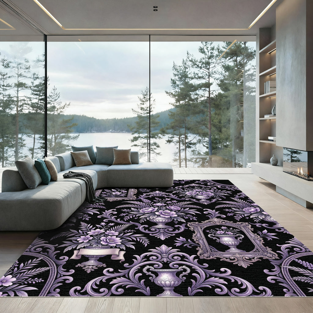 Elegant Purple Floral Damask Gilded Frame Rug