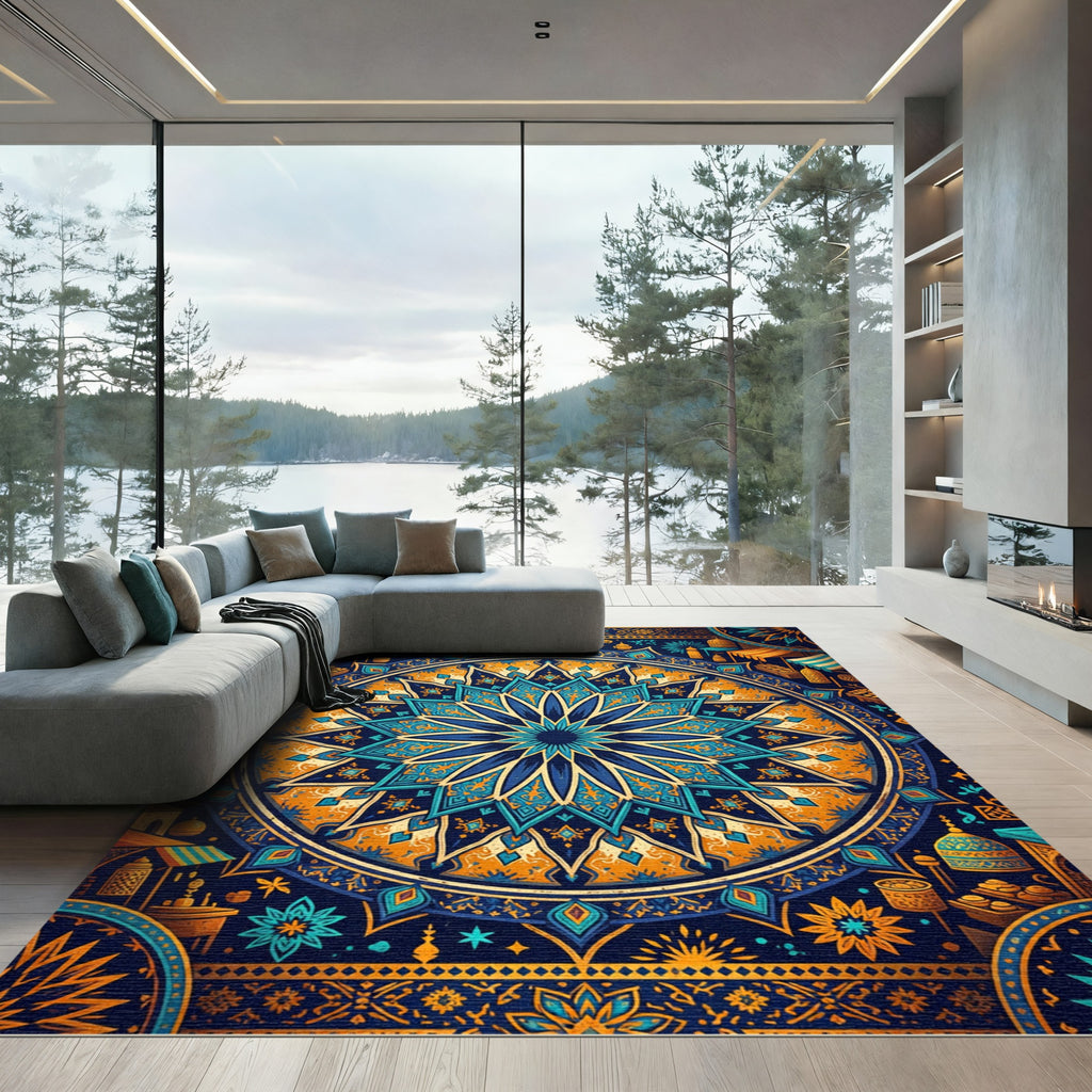 Vibrant Azure Golden Mandala Star Medallion Rug