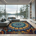Vibrant Azure Golden Mandala Star Medallion Rug