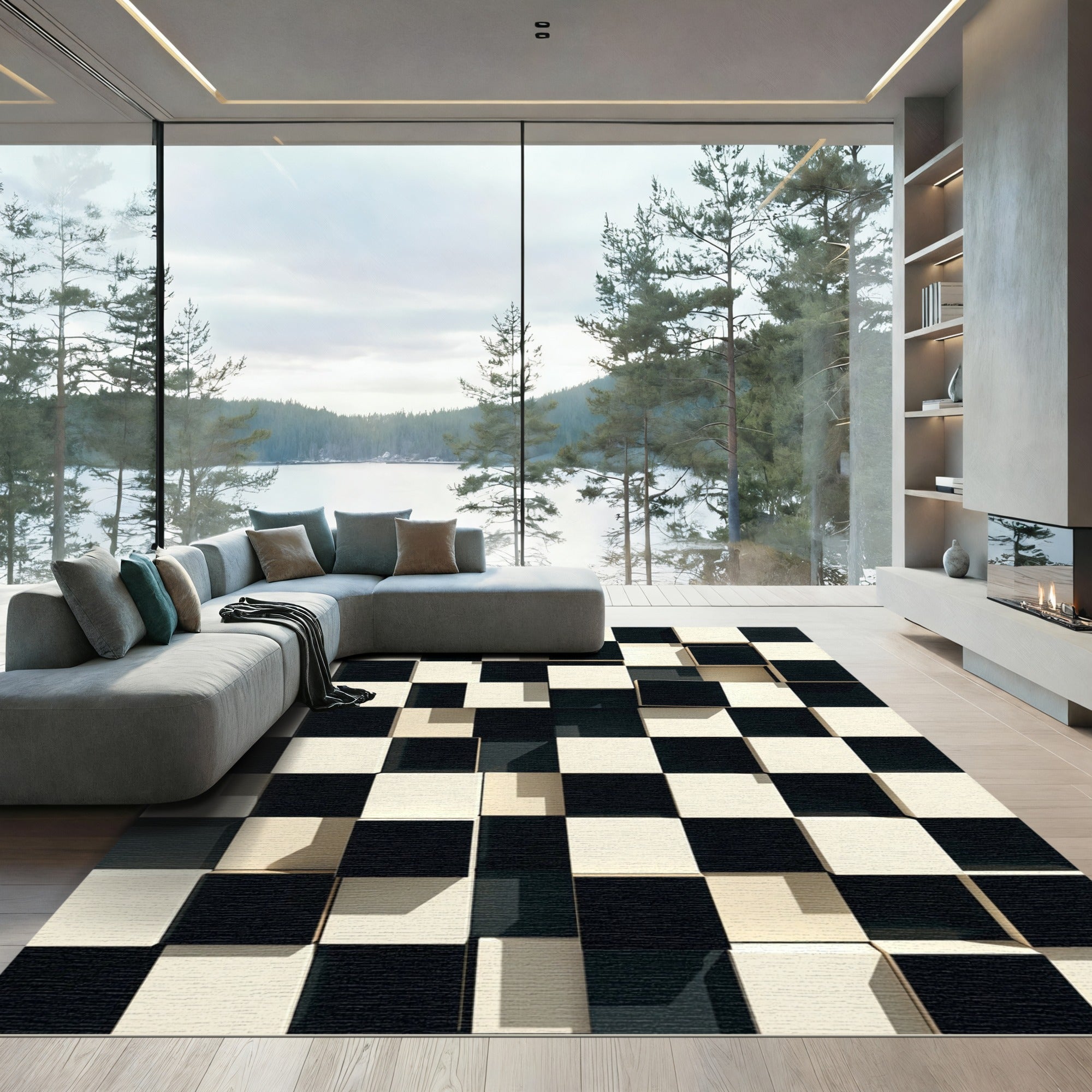 Modern Black White Checkered Volume Rug