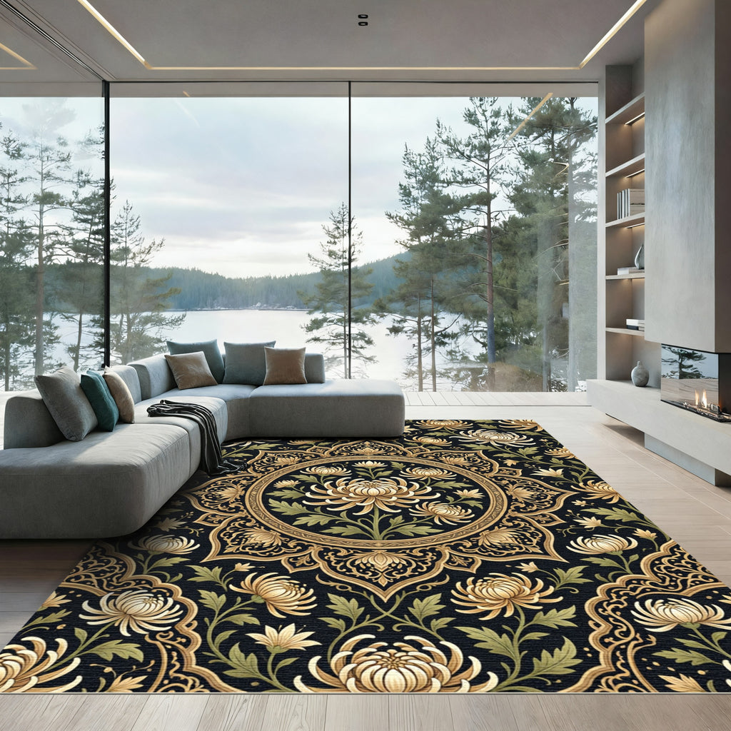Ornate Golden Chrysanthemum Mandala Rug