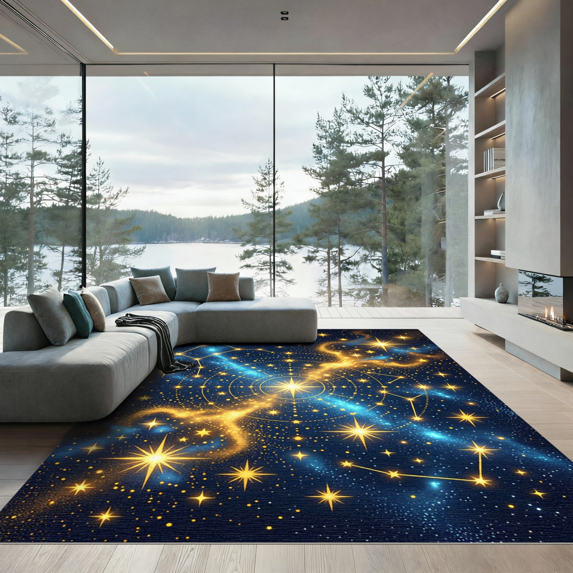 Celestial Golden Starry Midnight Nebula Rug
