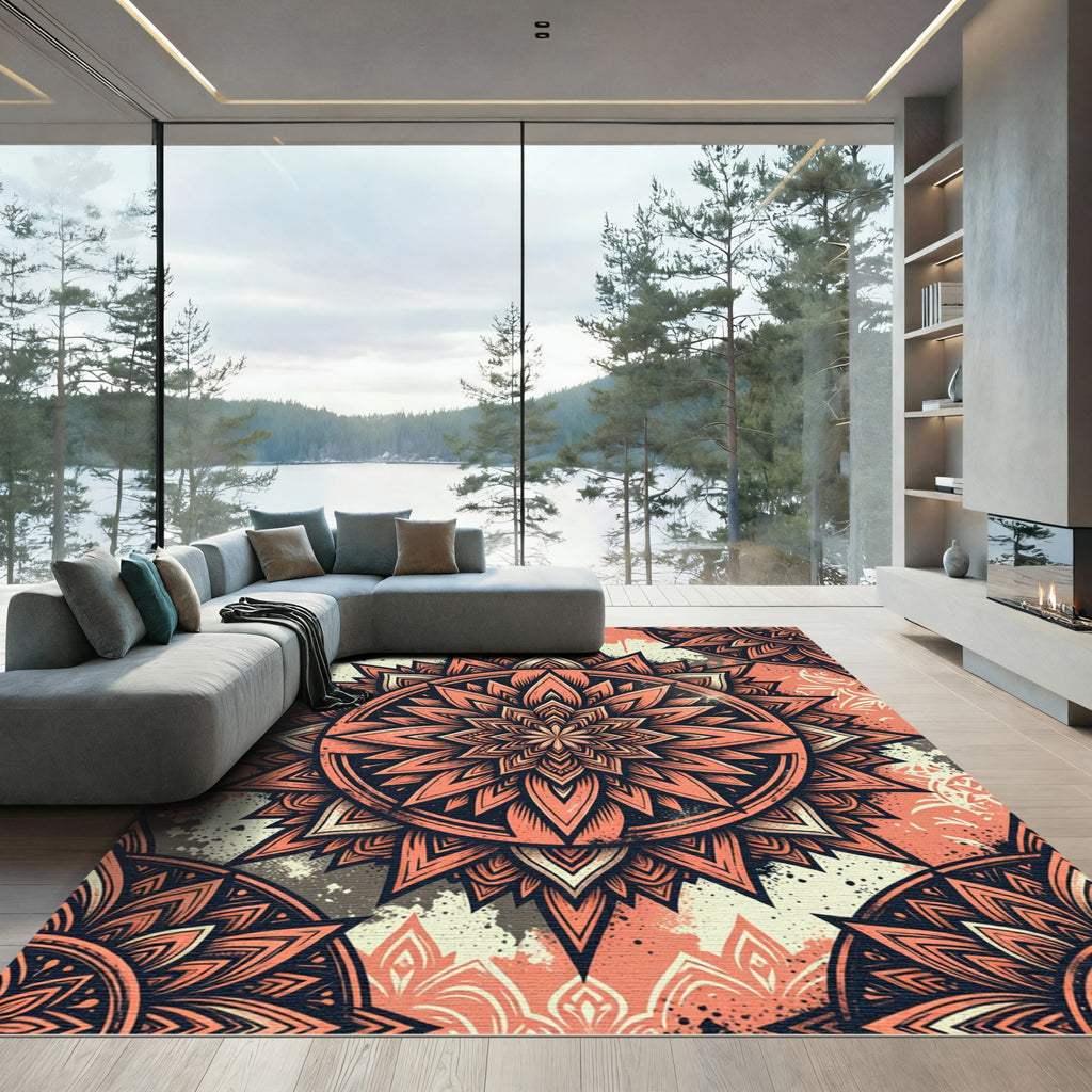 Coral Salmon Geometric Lotus Mandala Rug