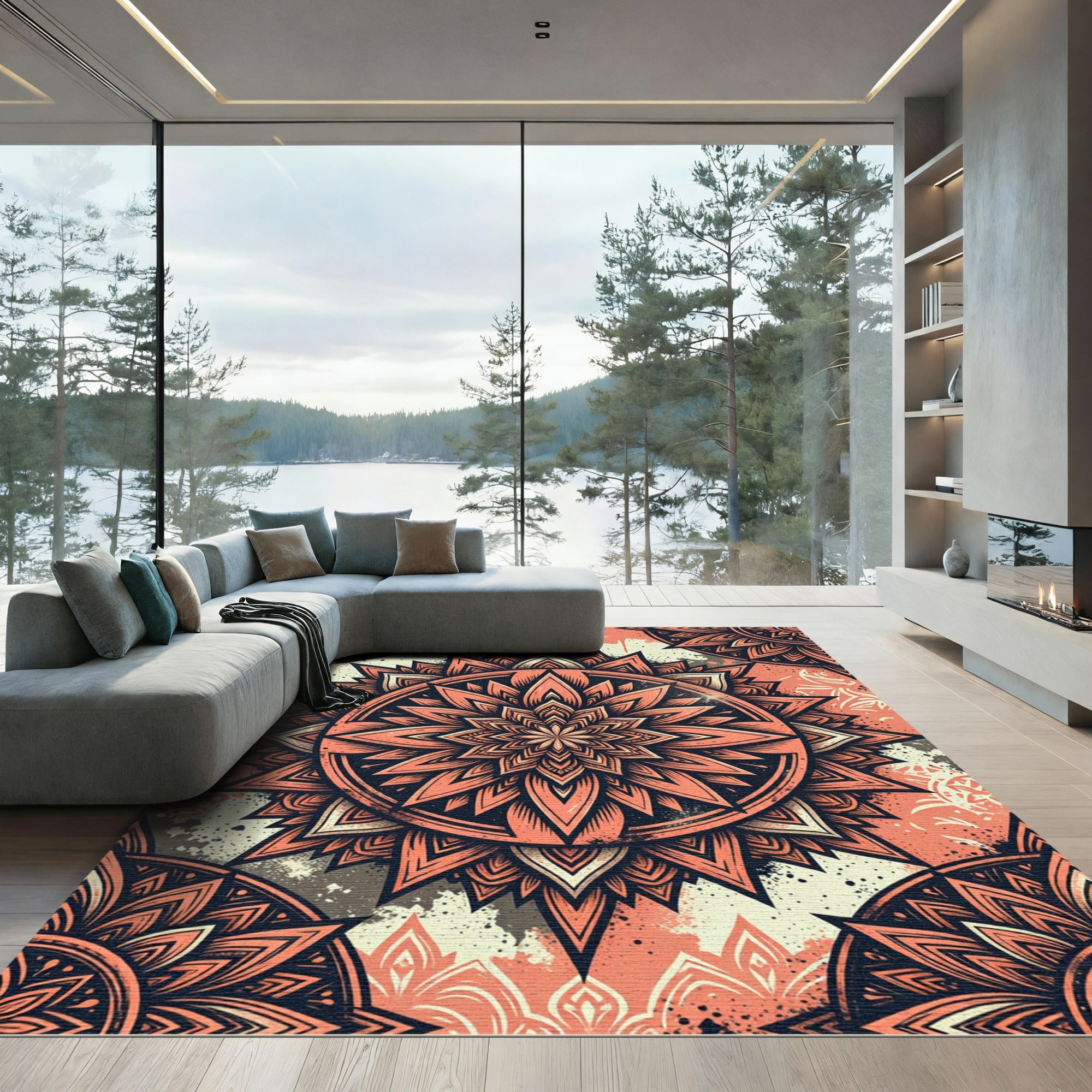 Coral Salmon Geometric Lotus Mandala Rug