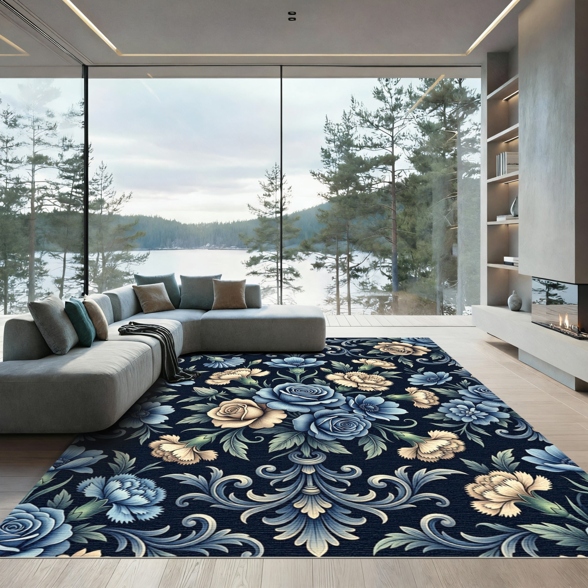 Vintage Blue Cream Floral Medallion Rug