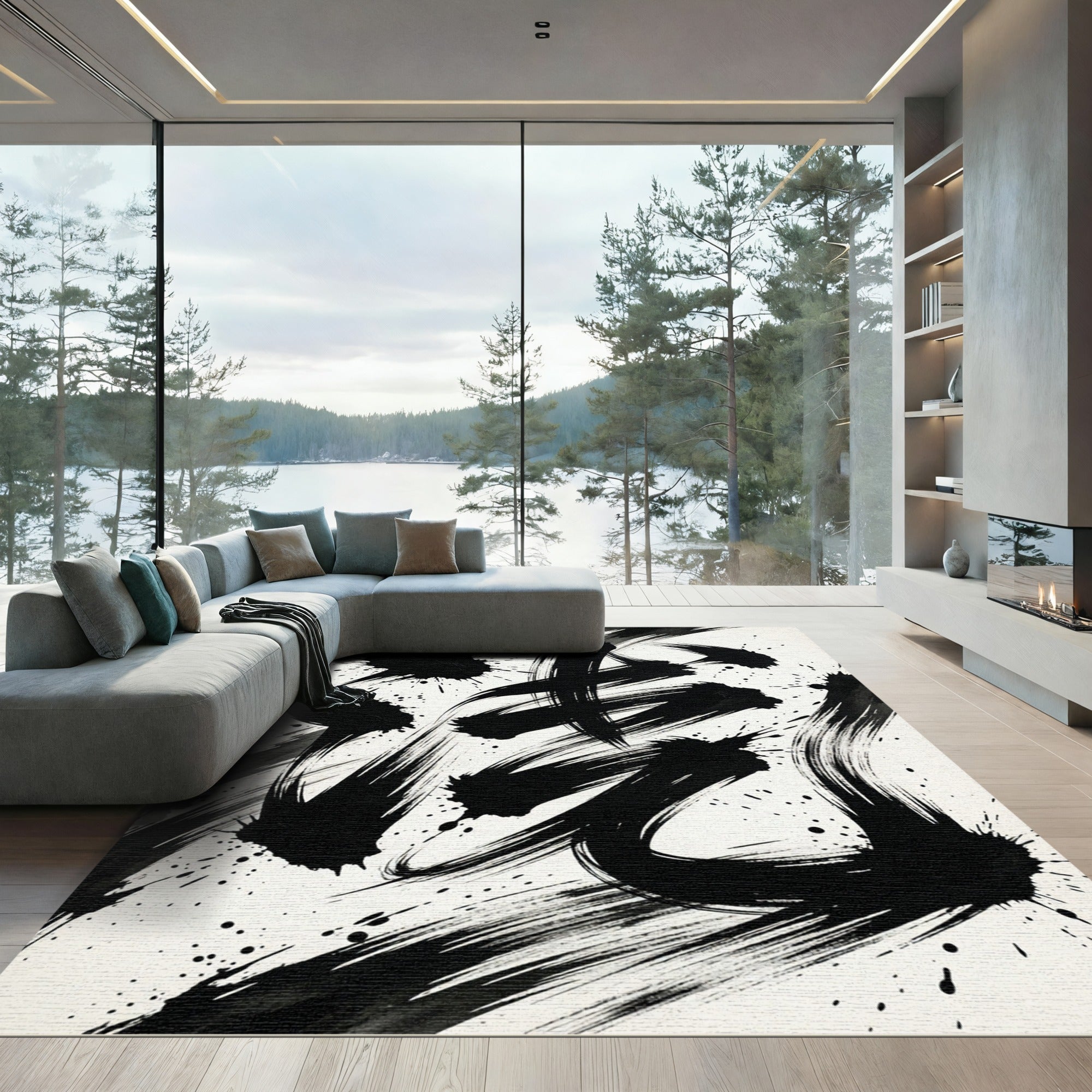Bold Black Ink Splatter Brushstrokes Rug