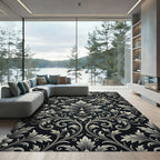 Elaborate Floral Scroll Black Silver Rug