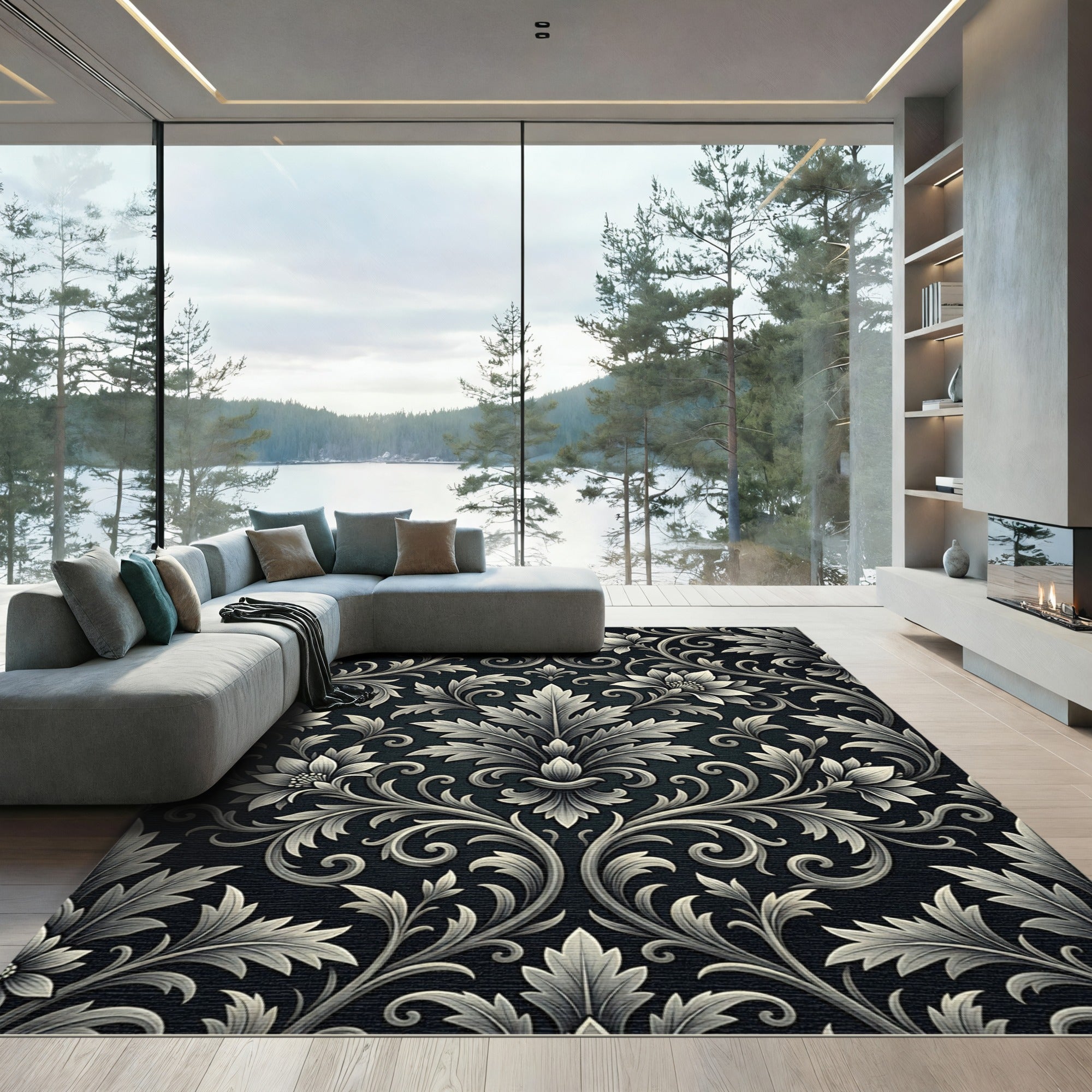 Elaborate Floral Scroll Black Silver Rug