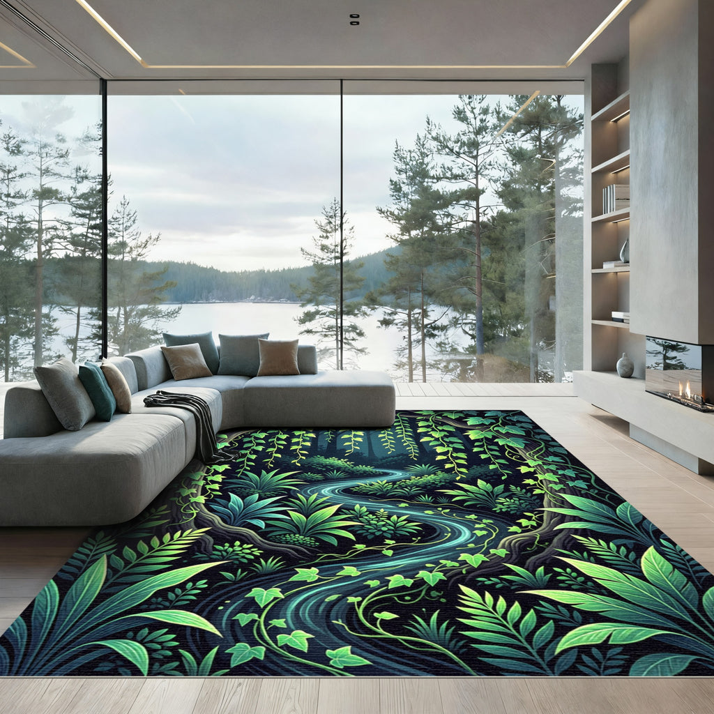 Lush Emerald Tropical Forest Stream Rug