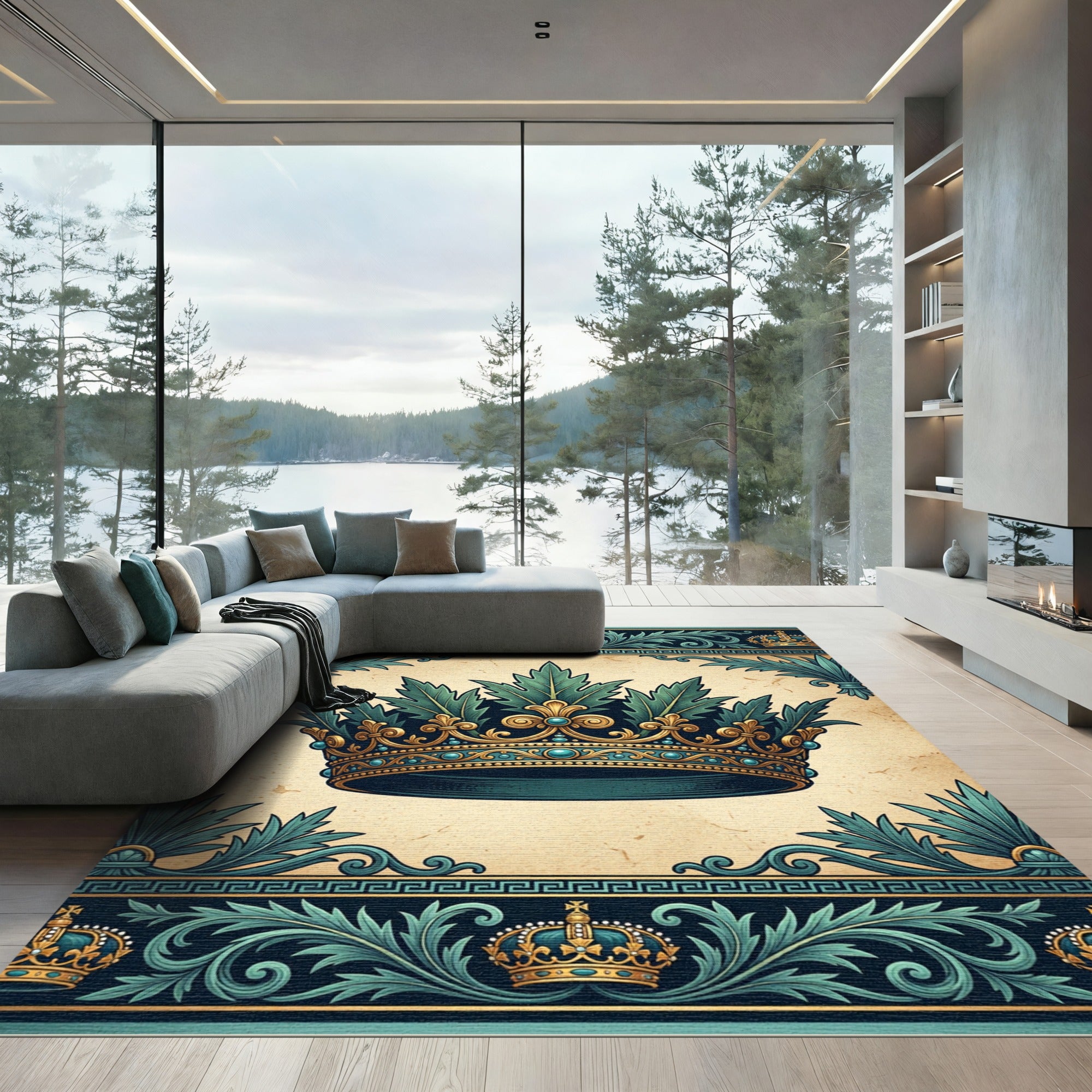 Regal Gold and Teal Crown Embellishment Rug