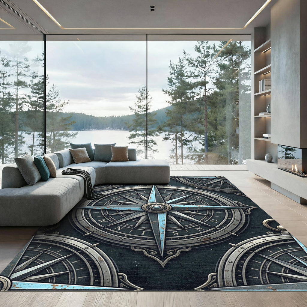 Vintage Nautical Steel Compass Rose Rug