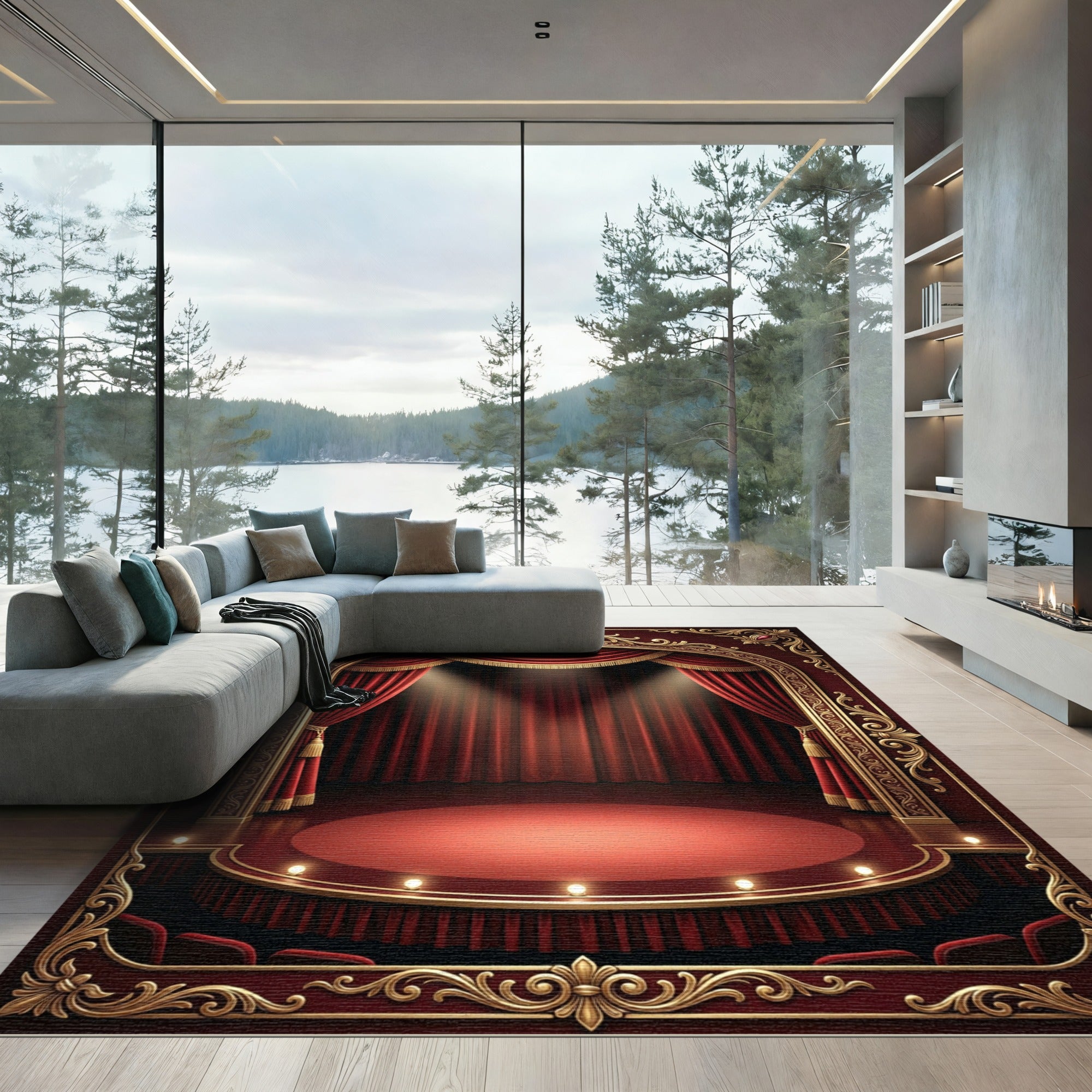 Opulent Crimson Velvet Theater Spotlight Rug