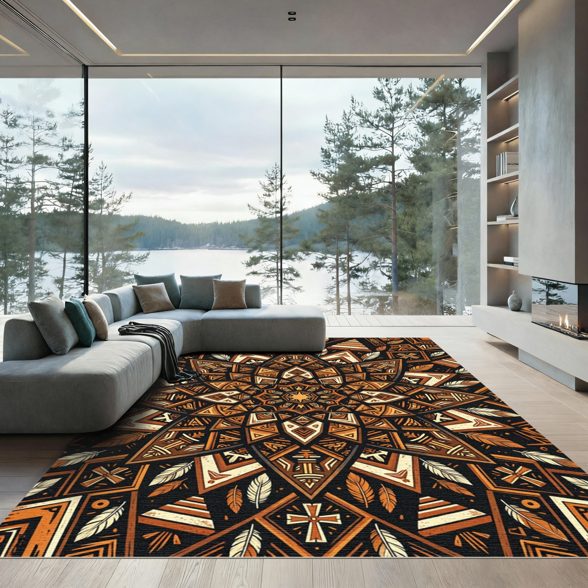 Earthy Boho Geometric Feather Sunburst Rug