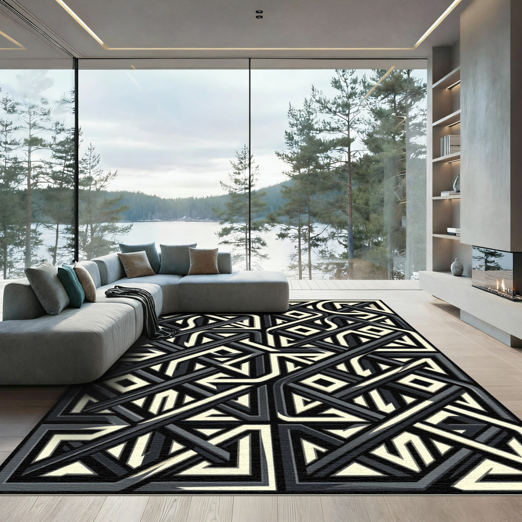 Monochrome Abstract Geometric Interlocking Line Rug