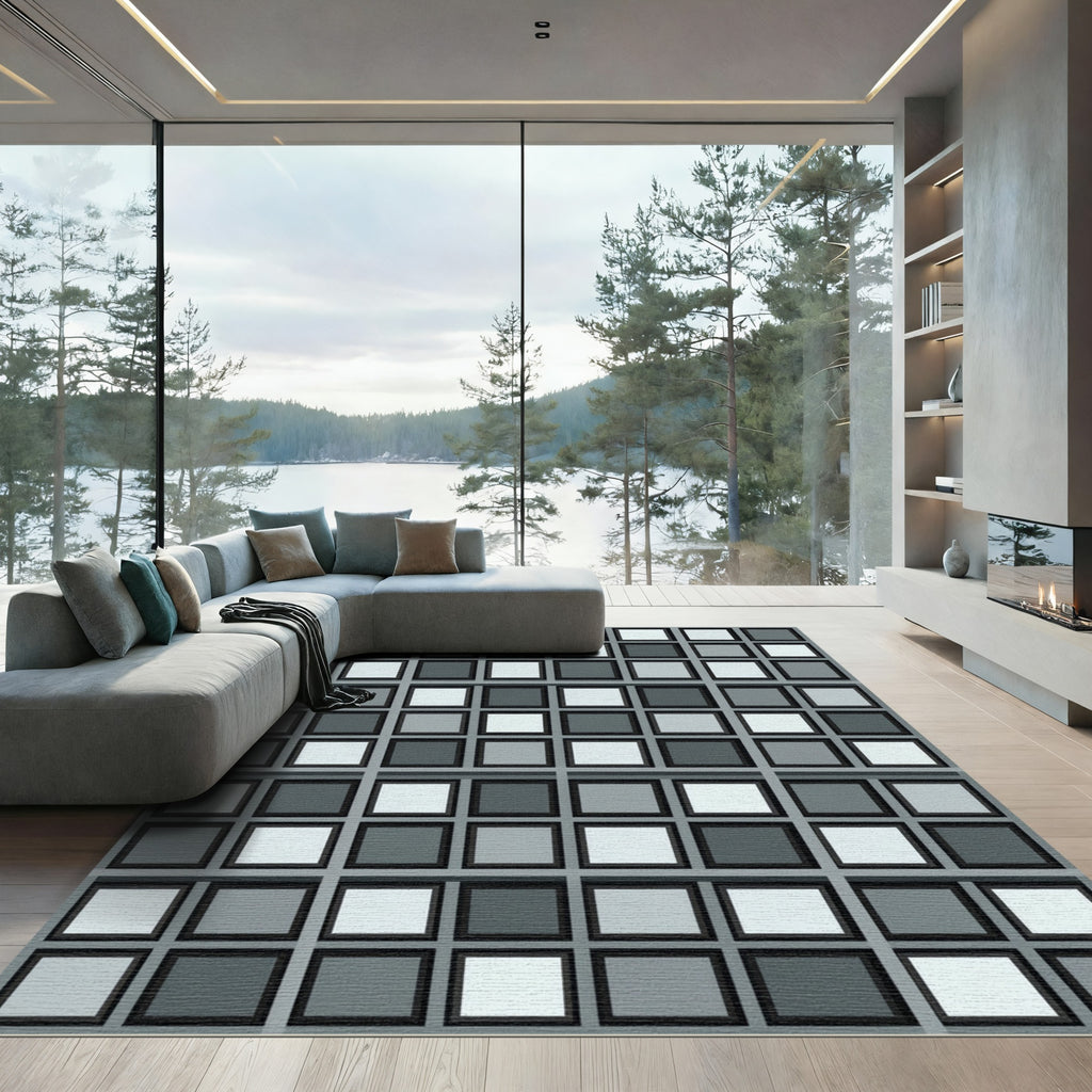 Modern Monochrome Grid Tile Square Rug