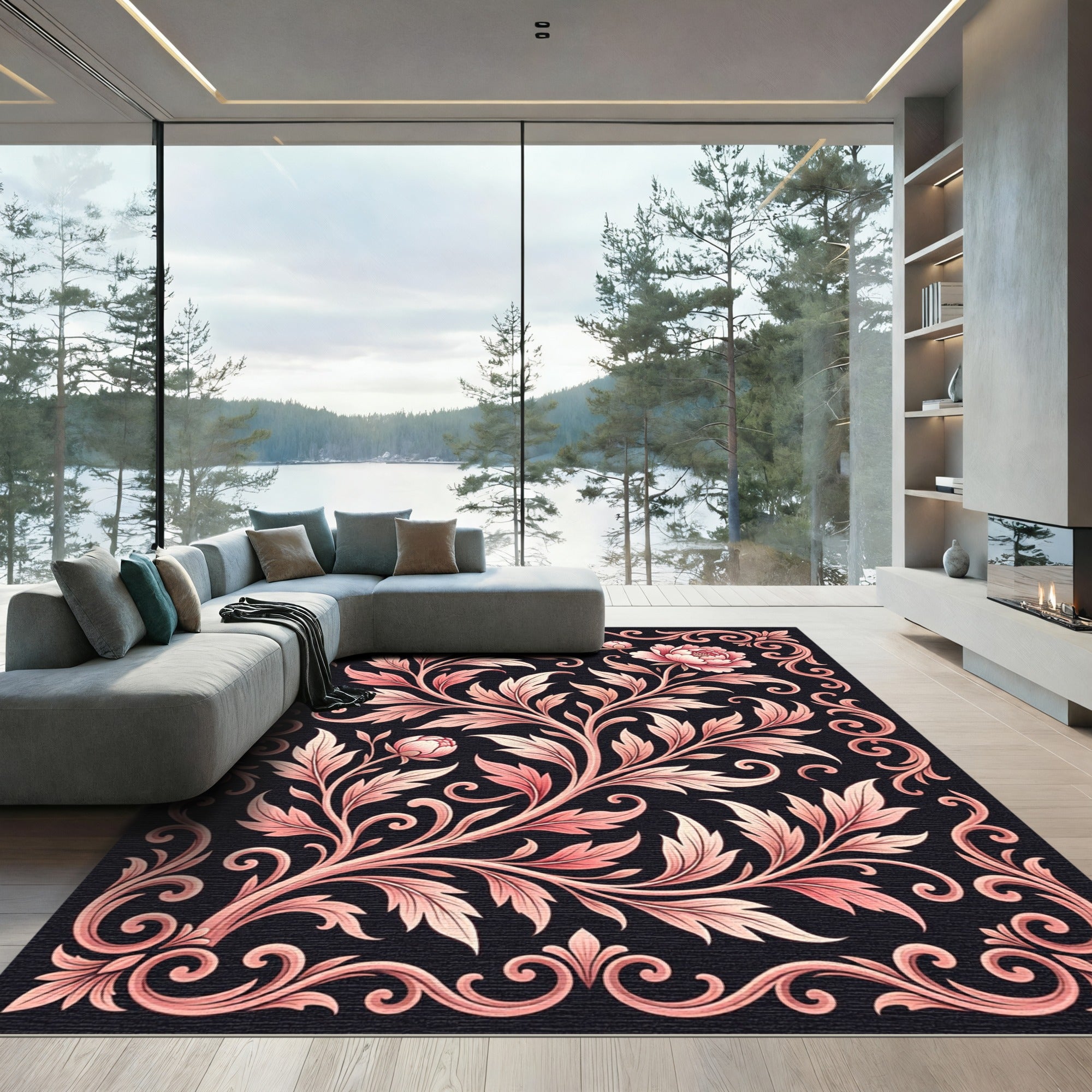 Pink Floral Acanthus Scroll Border Rug