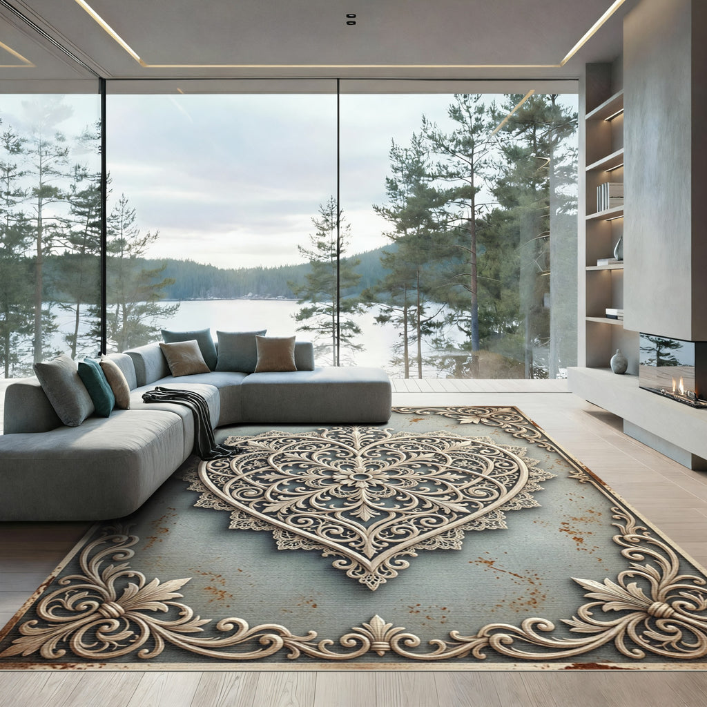 Ornate Filigree Heart Scrollwork Area Rug