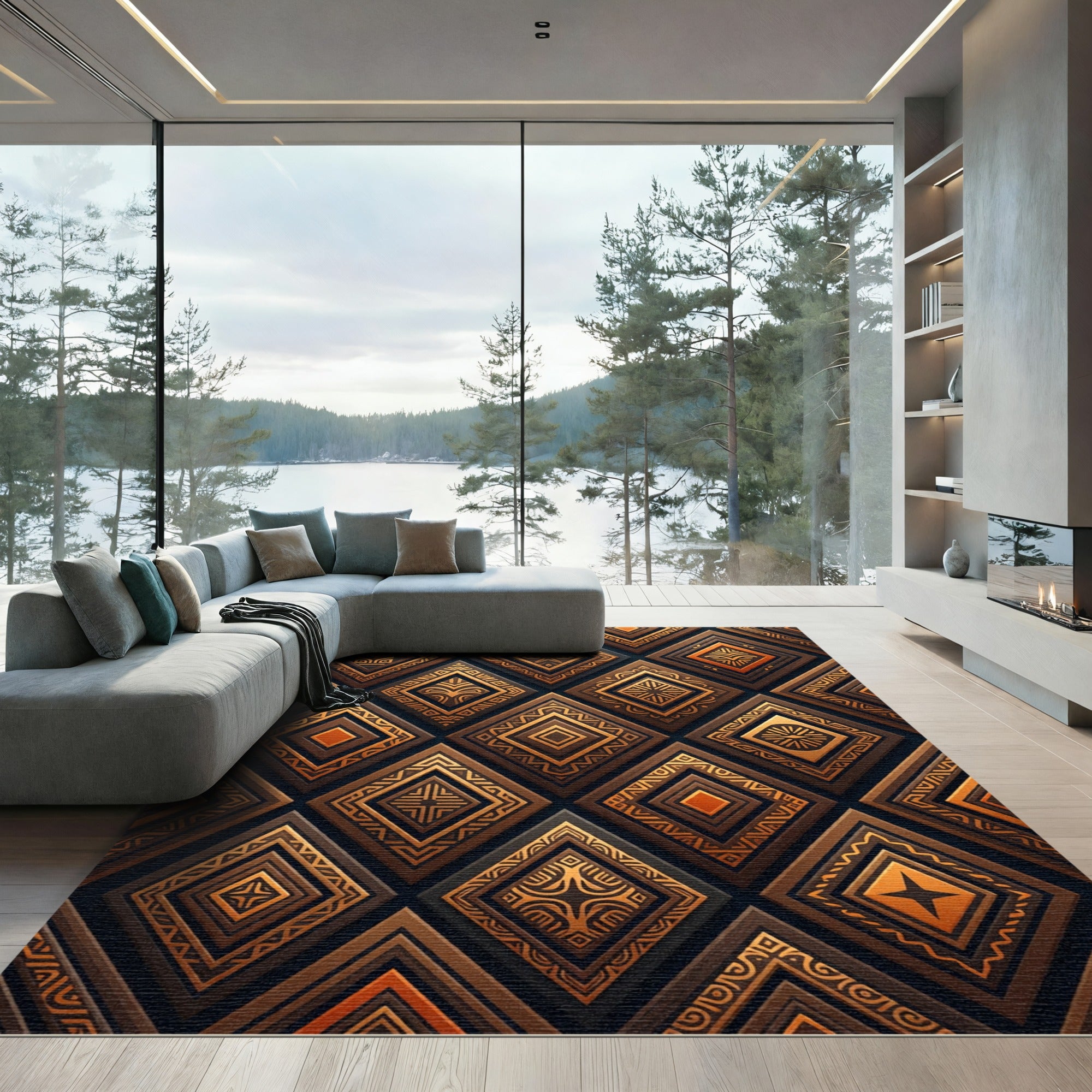 Golden Geometric Tribal Earth Tone Diamond Rug