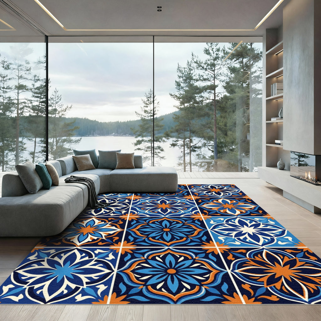 Blue and Orange Mediterranean Floral Tile Rug