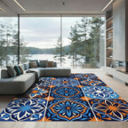 Blue and Orange Mediterranean Floral Tile Rug